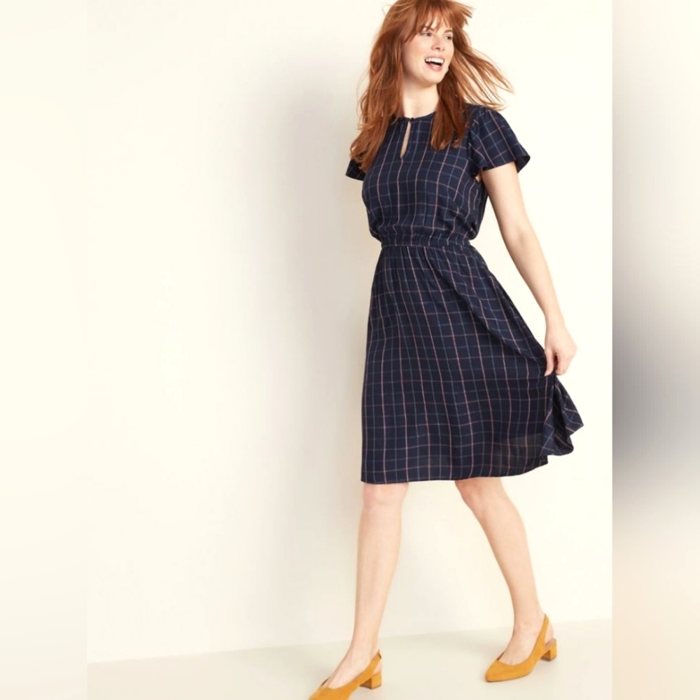 Waist-Defined Flutter Sleeve Dress in Navy - LG Old Navy Women's Plaid Dress
